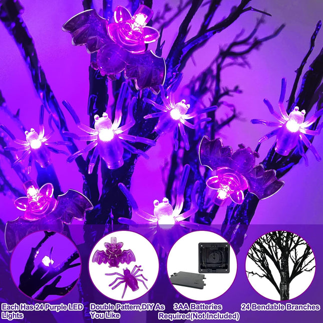 [ 2 Pack & Timer ] 24 Inch Prelit Halloween Black Tree Halloween Decorations Artificial Spooky Tree Battery Powered Total 48 LED Purple Lights DIY 25 Spider & 25 Bat Tabletop Indoor Home Party Decor