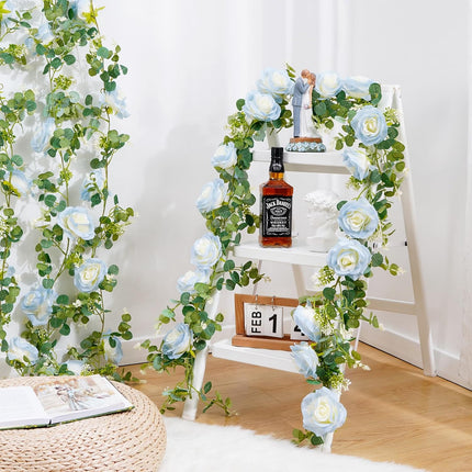 MARTINE MALL 2Pcs 13FT Artificial Eucalyptus Garland with Flowers, Ice Blue Flower Garland Silk Ice Blue Rose Garland Faux Autumn Floral Garland for Table, Party, Wedding, House, Wall Decor
