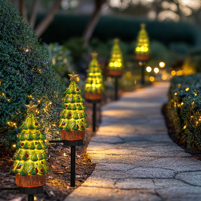Dazzle Bright 2 Pack Solar Powered Fairy Garden Green Christmas Tree Pathway Lights, Resin Mininatue Walkway Lights Decorative Stakes Christmas Decorations for Lawn Pathway Xmas Yard s