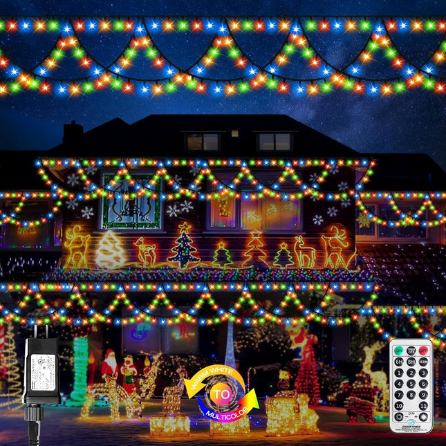 40FT 380 LED Christmas Lights Outdoor Indoor, Waterproof Christmas Icicle Lights, END to END Connect, Christmas String Lights for Christmas Decorations (Warm White & Multicolor)