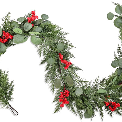 6ft Artificial Christmas Cedar Garland with Eucalyptus Leaves, Red Berries Winter Greenery Garland Decor for Home, Fireplace, Wall, Porch, Table, Mantle, Indoor Outdoor Decoration