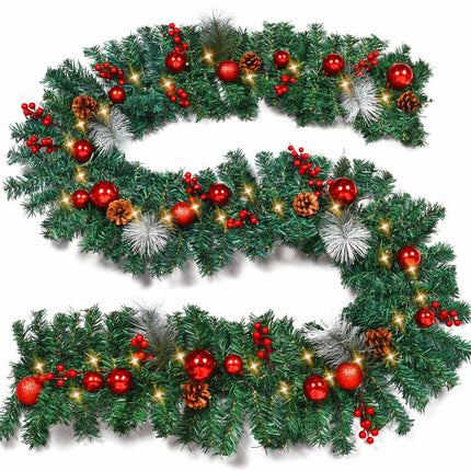 YoleShy 9 Foot Christmas Garland, Outdoor Christmas Garland with Pine Cones, Red Berries Red Ball for Fireplace, Mantle Stair Railing