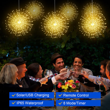 Solar Christmas Lights 3 in 1, 600 LED Solar Firework Hanging Lights Outdoor with USB Rechargerable, 8 Modes Waterproof Solar Fairy Lights for Gazebo Yard Party Wedding Christmas Decorations
