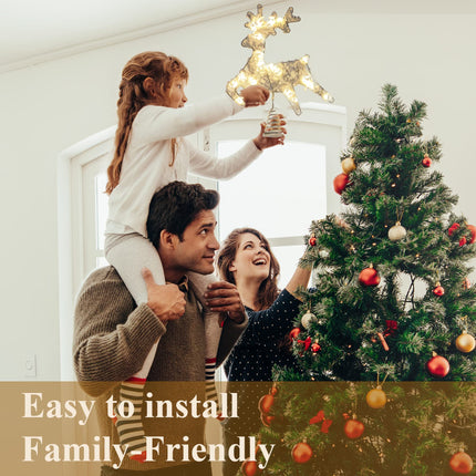 Christmas Tree Topper Lighted, 10" Christmas Reindeer Tree Topper with Warm Lights, Battery Operated Xmas Tree Topper with Timing Battery Case, White Christmas Deer Winter Decorations