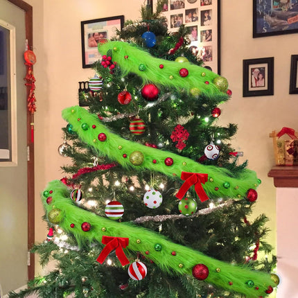 Jutom 6 Feet Whimsical Christmas Garland Decorations Xmas Green Faux Fur Ribbon Trim with Red Green Balls Xmas Tree Winding Garland Furry Stripe Indoor Outdoor for Front Door Fireplace Table Decor