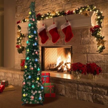 Pop Up Christmas Tree with Lights, 5FT 50LED Pencil Christmas Tree with Silver Snowflake Sequins, Artificial Green Tinsel Skinny Christmas Tree Collapsible Tree for Indoor, Party, Xmas, Home Decor