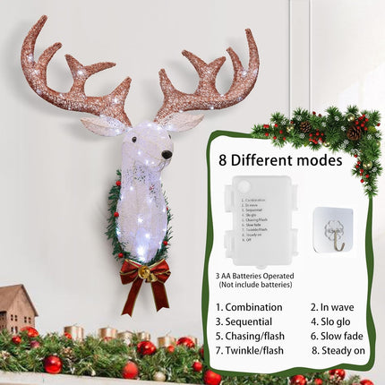Christmas Outdoor Decoration, Reindeer Head Wall Decor,Xmas Rudolph Reindeer Hanging Wreath with Operated 8 Modes, Creating a Unique Atmosphere for The Entire Christmas Season. (Brown)
