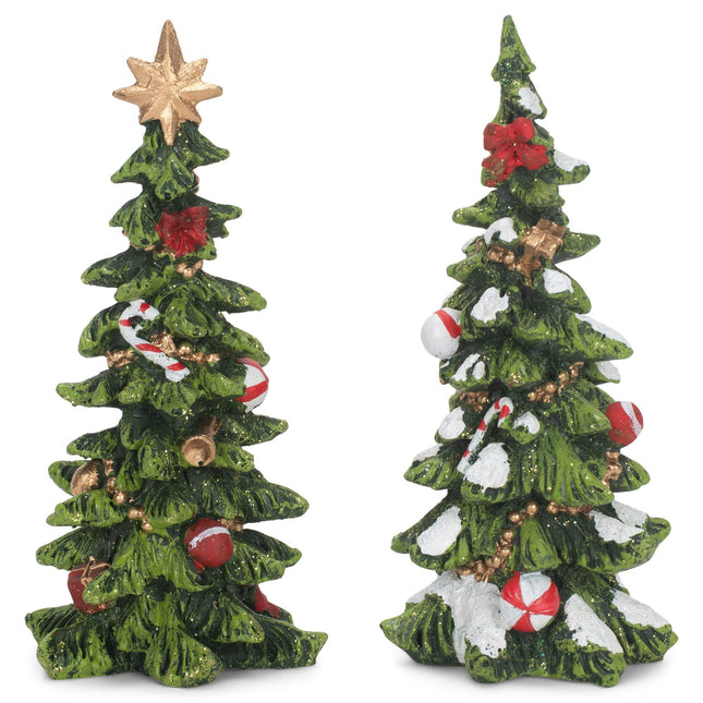 Resin Holiday Decorated Christmas Trees - Set of 2
