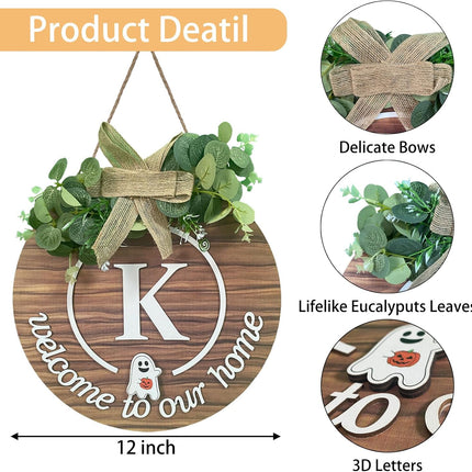 Initial Interchangeable Seasonal Welcome Sign for Front Door Last Name Letter K Front Door Wreath Rustic Home Decor with 15 Changeable Icons for All Seasons Holiday Fall Halloween Christmas Decor