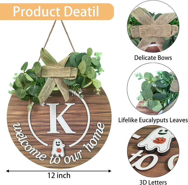 Initial Interchangeable Seasonal Welcome Sign for Front Door Last Name Letter K Front Door Wreath Rustic Home Decor with 15 Changeable Icons for All Seasons Holiday Fall Halloween Christmas Decor