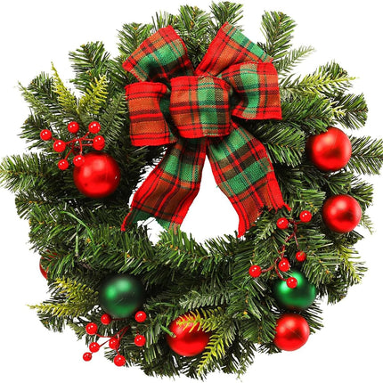 MUMTOP 20 Inch Pre-Lit Christmas Wreath for Front Door with Lights, Large Lighted Christmas Wreath with Red Bowknot for Fireplace Window Outdoor Holiday Home Decoration