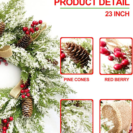 2 Pack Christmas Wreath 23”, Winter Wreaths for Front Door with Pinecones, Red Berries, Burlap Ribbon & Snowflake, Artificial Outdoor Holiday Door Decorations with 2 Wreath Hangers