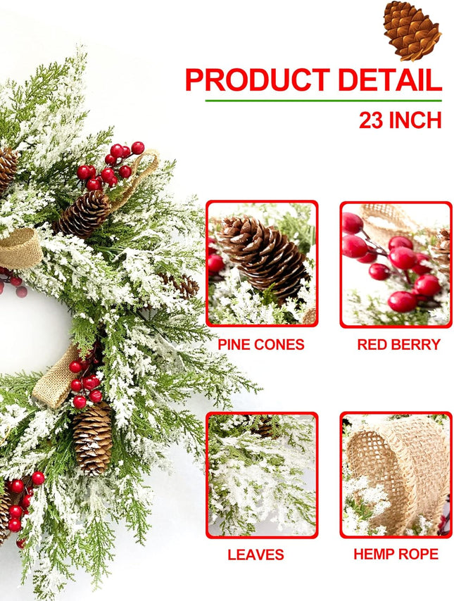 2 Pack Christmas Wreath 23”, Winter Wreaths for Front Door with Pinecones, Red Berries, Burlap Ribbon & Snowflake, Artificial Outdoor Holiday Door Decorations with 2 Wreath Hangers