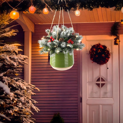 Artificial Christmas Hanging Basket,17 Inch Hanging Small Christmas Tree,Snow Flocked Christmas Tree with Pine Cones and Berry Clusters for Front Porch Garden Patio Outdoor Christmas Decoration