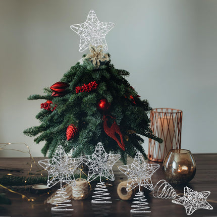 Hiboom 6 Pieces Mini Christmas Tree Star Toppers Glittered Xmas Tree Topper 4 Inch Hollow Star Treetop Topper for Indoor Party Decoration Ornaments(Silver)