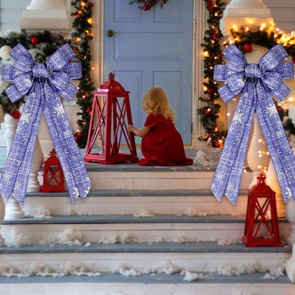 Serencatcher Large Christmas Wreath Bows 11 x 20 Inches, 2Pcs Blue Christmas Tree Topper Bow with Silver Snowflake for Christmas Home Garden Indoor Outdoor Decoration Wreath Ornament Supplies