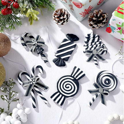 Blulu 6 Pcs Christmas Black and White Candy Cane Hanging Ornaments Halloween Glitter Candy Tree Decorations Polymer Clay Peppermint Candy Winter Holiday Xmas Party Supplies for Wreaths Christmas trees