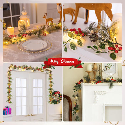 6FT Lighted Christmas Garland Pre-lit with 20 LED Lights, Battery Operated, Rustic Christmas Garland Decorated with Pine Cones, Red Berries, Pineneedle for Mantle Stairs Wall, Indoor Outdoor Use