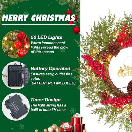 20 Inch Christmas Wreath with 50 Lights Timer (Battery Not Included) Small Christmas Wreaths for Front Door with Pine Cones Berries Christmas Door Wreath Winter Indoor Outdoor Wall Decoration