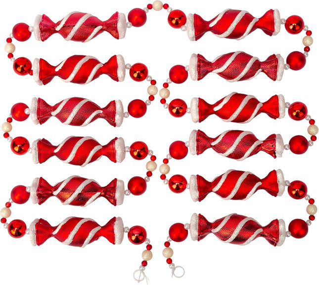 9 Foot Red & White Candy Peppermint Bead Christmas Garland Large Shatterproof Glitter Beaded Christmas Tree Garland for Retro Vintage Candy Trees Garland Christmas Decorations for Indoor Use