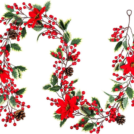 Mocoosy 6.3FT Red Berry Christmas Garland with Pine Cones and Poinsettia, Artificial Berries Garland Poinsettia Christmas Decorations for Indoor Outdoor Fireplace Winter Holiday Xmas Home Decor
