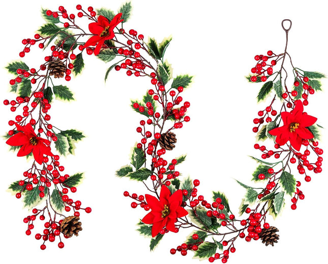 Mocoosy 6.3FT Red Berry Christmas Garland with Pine Cones and Poinsettia, Artificial Berries Garland Poinsettia Christmas Decorations for Indoor Outdoor Fireplace Winter Holiday Xmas Home Decor