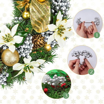 SallyFashion 200PCS Christmas Glitter Berries Stems, 5.3" Silvery Berry Stems for Christmas Tree Ornaments Artificial Christmas Picks for DIY Xmas Wreath Crafts Holiday Home Decor