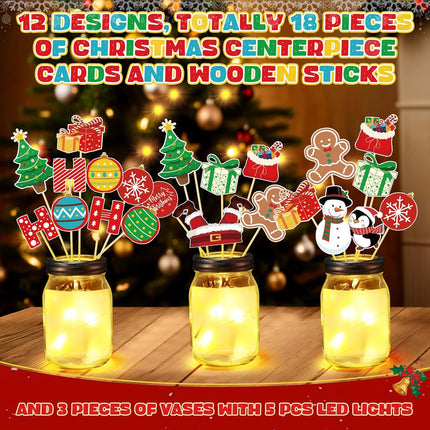 Amyhill 21 Pcs Christmas Centerpieces Sticks with Mason Jars LED Light Gingerbread Snowman Santa Christmas tree picks Cutout on Sticks Vase Filler Crafts for Xmas Wreath Holiday Table Decorations