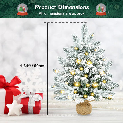 Small Christmas Tree, 20 inch Artificial Mini Christmas Tree with Lights, Snow Flocked Xmas Tree with Burlap Base, Table Top Desktop Christmas Tree for Home Office Christmas Holiday Decorations,Silver