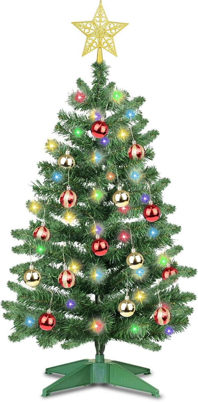 [Dual Color Change 12 Modes] 3 Ft Premium Christmas Tree with Timer DIY 50 Warm White & Multicolor Lights Star 15 Ball Ornaments Battery Operated Pencil Full Xmas Tree Christmas Decorations Table Home