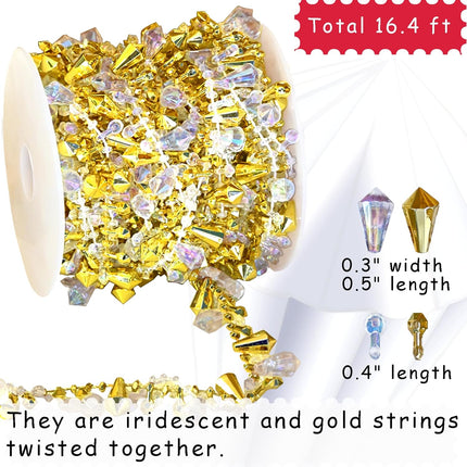 ULLIKI Sparkling Acrylic Diamond Christmas Decorations Set for Tree Ornaments, Beaded Garland Wreath Ribbon, Glass Crystal String, Table Party Wedding Door Window Hanging Decor (Gold-16.4 Feet)