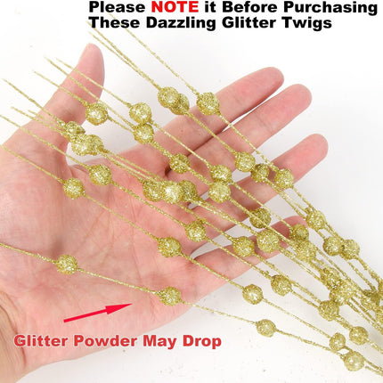 CCINEE Gold Artificial Glitter Berry Stem Ornaments, 10 pack 19.7 inches Fake Christmas Picks Decorative Glitter Bead Sticks for Christmas Tree DIY Wreath Crafts Vase Fireplace Holiday Home Decor