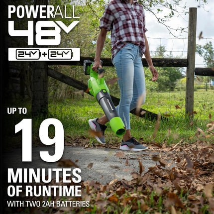 Greenworks 48V (2 x 24V) Cordless Axial Blower (515 CFM / 125 MPH), (2) 2.0Ah Batteries and Dual Port Charger with 24V Chainsaw