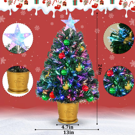 Waipfaru 24 Inch Green Fiber Optic Christmas Tree, Prelit Artificial Mini Christmas Tree with Christmas Decorations Ball, Tabletop Small Xmas Tree with Stars, for Christmas Decorations