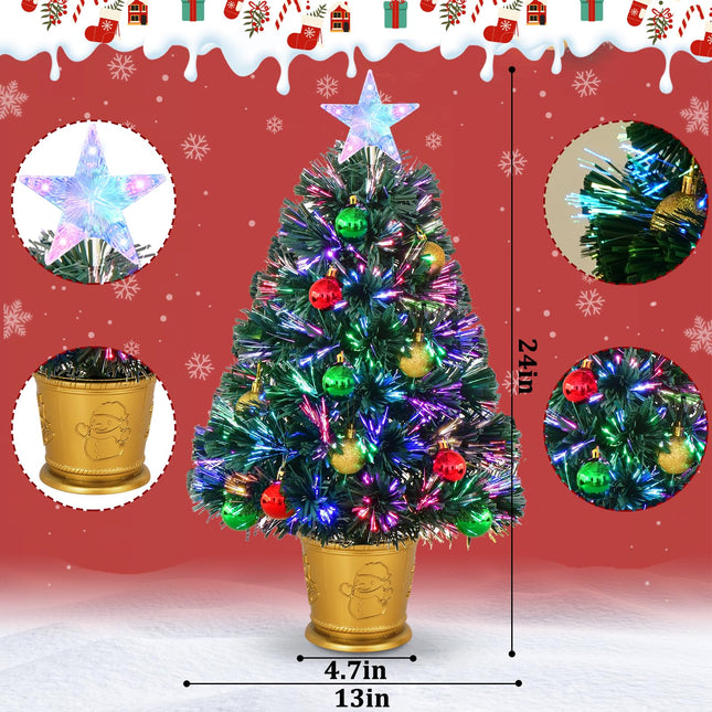 Waipfaru 24 Inch Green Fiber Optic Christmas Tree, Prelit Artificial Mini Christmas Tree with Christmas Decorations Ball, Tabletop Small Xmas Tree with Stars, for Christmas Decorations
