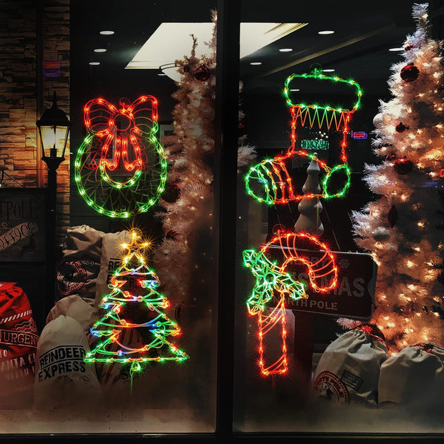 Christmas Window Silhouette Lights, 4 Pack Lighted 16'' Wire Window Decoration LED Lights Set, Extra Length 6.6FT Wire, UL Listed, Candy Cane, Wreath, Stocking, Christmas Tree