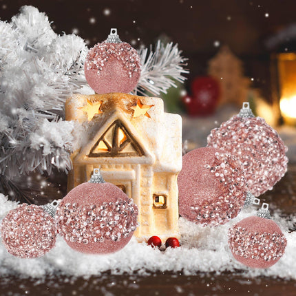 Poen 24 Pcs Glitter Christmas Ball Ornaments Set Christmas Tree Ornaments Hanging Sequin Foam Christmas Balls Decoration for Xmas Tree Wreath Garland Christmas Home Decor Wedding Party(Rose Gold)