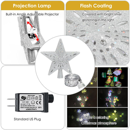 Christmas Tree Topper Star Lighted with 6 Projection Modes, LED Christmas Ribbon Lights with Built-in Rotating LED Dynamic Projector, 3D Glitter Hollow Star Tree Topper Starry Night Light, Silver