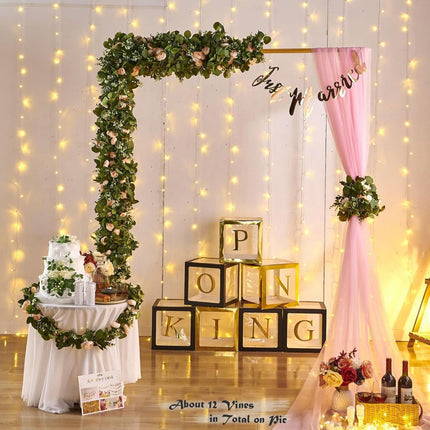 Flower Garland, Artificial Rose Vine Flowers with Green Leaves, Hanging Fake Roses Vine for Room Anniversary Wedding Birthday Christmas Wall Arch Decor, 2 Vines Champagne Floral Garland