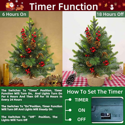 2 Pack 22 Inch Table top Christmas Tree with 60 LED Lights Timer, Realistic-Feel PE Artificial Small Christmas Trees Warm White Lights Pine Cones Red Berried, Xmas Mini Tree for Indoor Home Holiday