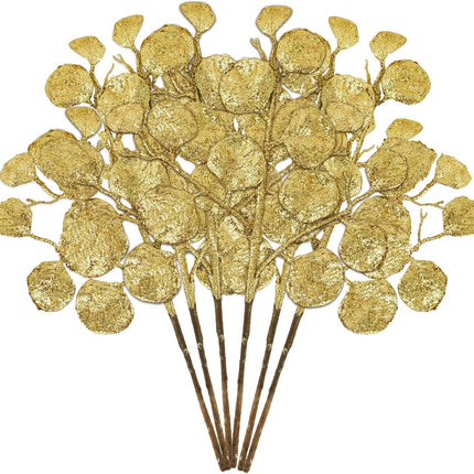 6 Pieces Golden Christmas Tree Picks and Sprays 16.9" Christmas Glitter Eucalyptus Leaves Stems for Christmas Tree Filler Wreath Swag Floral Arrangment Table Centerpieces Decoration