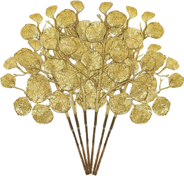 6 Pieces Golden Christmas Tree Picks and Sprays 16.9" Christmas Glitter Eucalyptus Leaves Stems for Christmas Tree Filler Wreath Swag Floral Arrangment Table Centerpieces Decoration