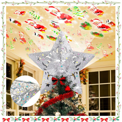 Christmas Tree Topper with 3D Santa Bells Star Projector,fohuas LED Rotating Santa Claus Xmas Tree Light lamp,Glitter Sparkling Silver Snow Tree-top Romantic Decoration Ornament (Silver Star-Santa)