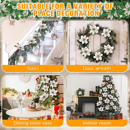Jutom 12 Pcs Christmas Glitter Poinsettia Magnolia Flowers 6.3in 7.87in Christmas Tree Artificial Flowers 10 Petals Artificial Magnolia Flowers for Christmas Tree Xmas Wreath Holiday Decor(White)
