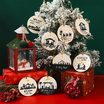 40 Pieces Nativity Scene Christmas Tree Ornament Wooden Nativity Scene Ornaments Wood Slice Nativity Decorations Christmas Wood Chips Xmas Round with 16 Yard Ropes for Xmas Tree Party Decoration