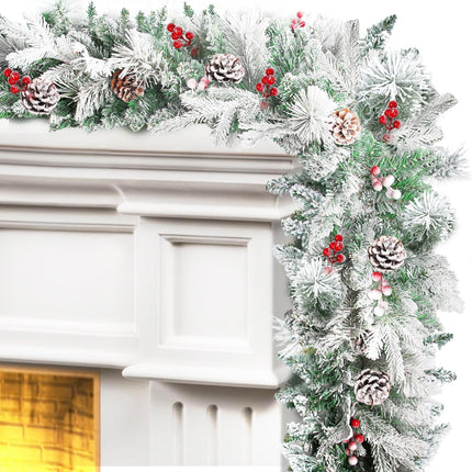 9FT Christmas Garland Decoration, Battery Operated Lighted Prelit Garland with Timers Pine Cones Berries Lush Branches, Snowy Xmas Garland for Mantle, Stairs, Fireplace, Outdoor, Party, Home Decor