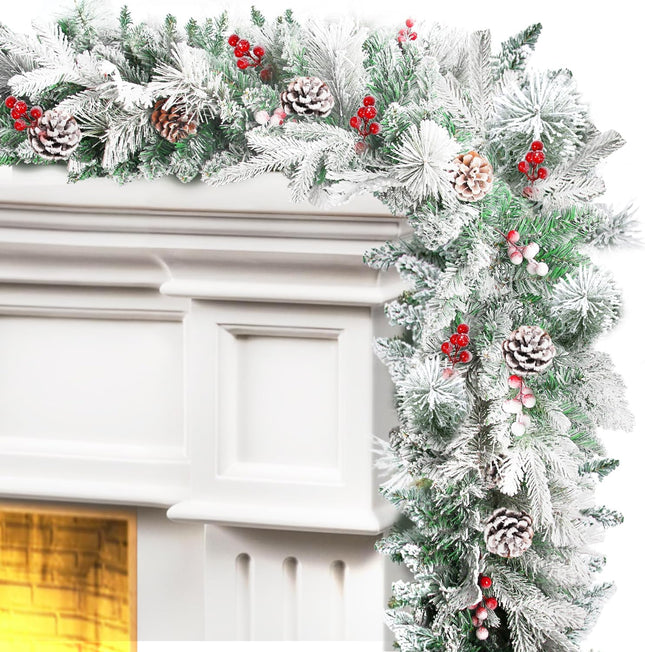 9FT Christmas Garland Decoration, Battery Operated Lighted Prelit Garland with Timers Pine Cones Berries Lush Branches, Snowy Xmas Garland for Mantle, Stairs, Fireplace, Outdoor, Party, Home Decor