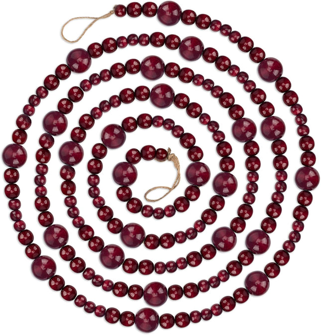 9 Foot Cranberry Burgundy Wood Bead Ball Christmas Garland Wooden Christmas Tree Garland Perfect for Rustic Natural Country Farmhouse Vintage Trees Garland Christmas Decorations Assorted Sizes