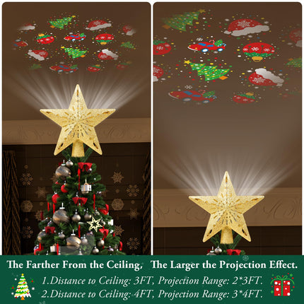Christmas Tree Topper Lighted with 6 Projection Modes, Christmas Star Tree Topper Built-in Rotating Magic Cool Dynamic Projection, Gold 3D Glitter Tree Topper for Christmas Party Decorations