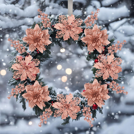 22 Pcs Rose Gold Christmas Poinsettia Artificial Flowers and Glitter Berries Stems Kit, Christmas Poinsettias Decorations and Christmas Tree Ornaments for Xmas Home Wedding Holiday Tree Decor